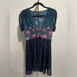 Girl Talk LTD Blue Green Pink Floral V-Neck Pleated Sheer Midi Dress Size L/XL